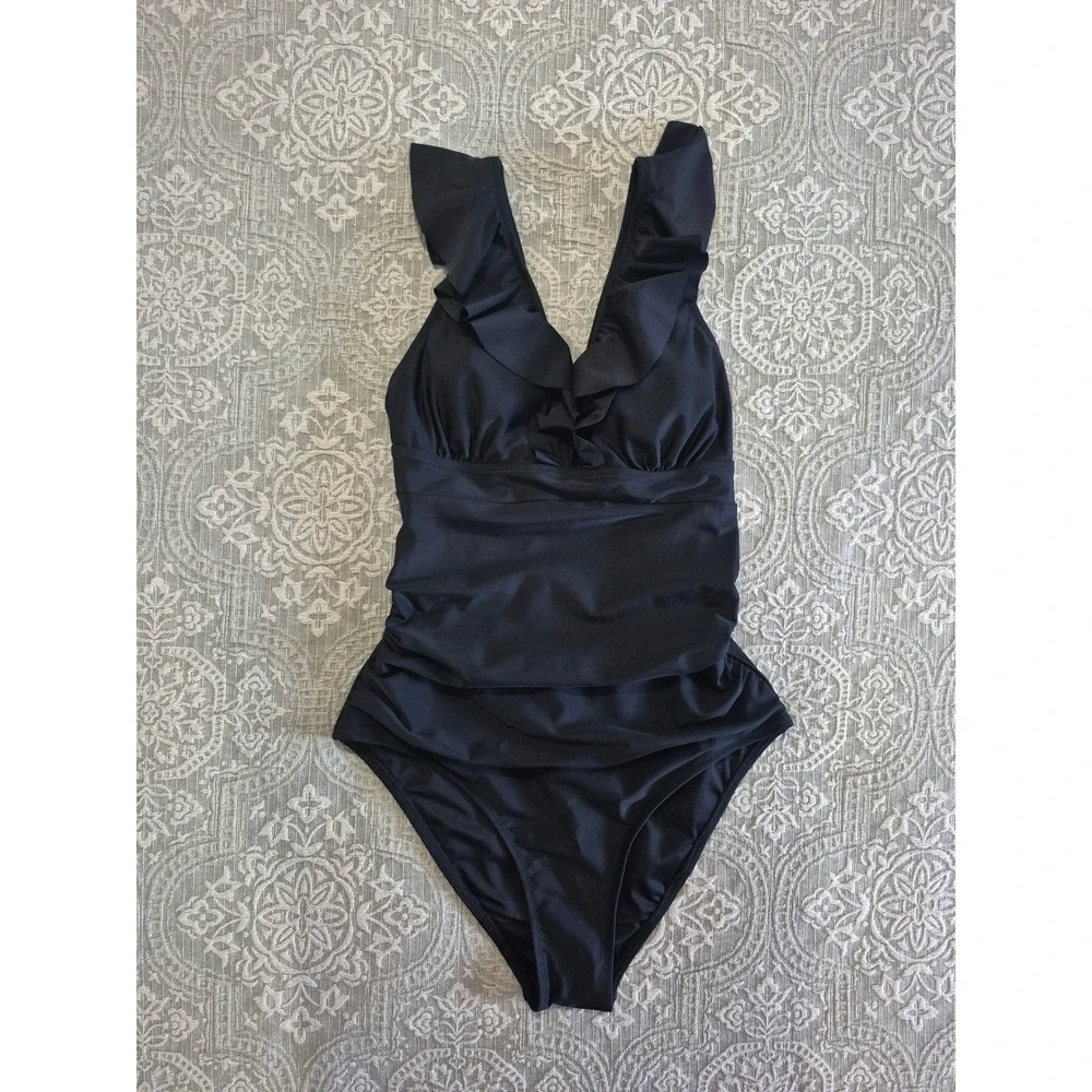 Black Ruffle V-Neck Ruched One Piece Swimsuit Lace Up Back‎ Size Medium
